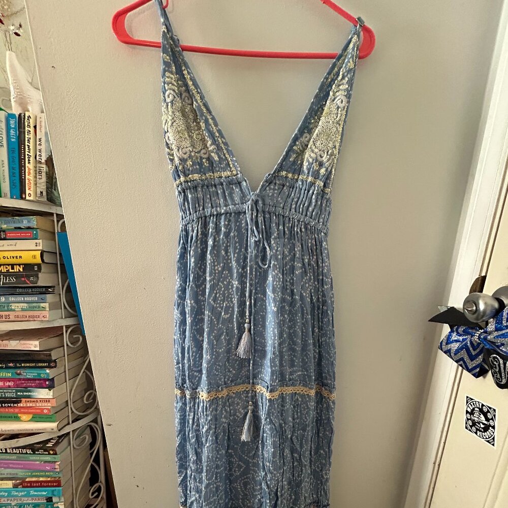 Blue Boho Embroidered Maxi Dress with Tassel Tie